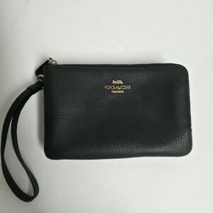 COACH Double Corner Zip Wristlet Black Refined Pebble Leather Gold Wallet